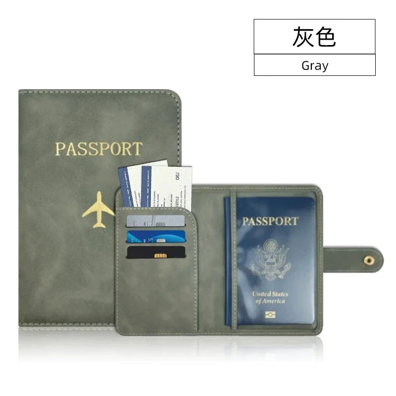 Soft PU Leather Multi Slot Passport Cover with Airplane Logo Snap Closure SIM Card Holder Travel ID Document Ticket Wallet