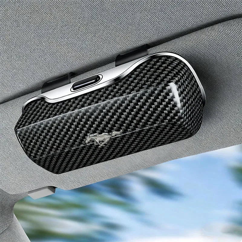For Ford Mustang Car Sunglasses Holder, ABS Visor Glasses Case Clip Carbon Fiber Texture Car Sun Visor Glasses Box Storage