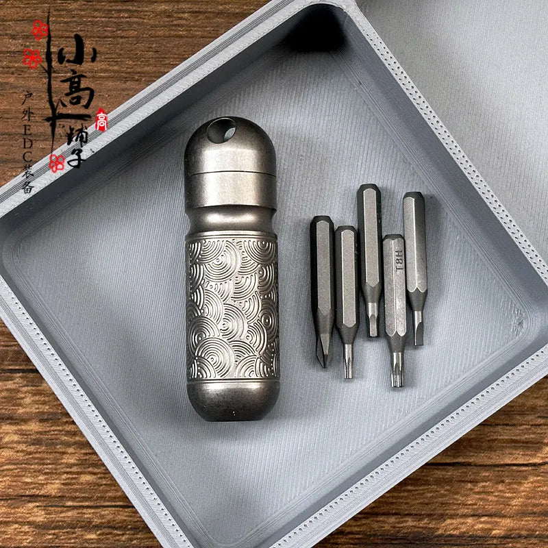 Titanium Damascus EDC Multi-Tool | Portable Screwdriver Bit Holder & Waterproof Canister