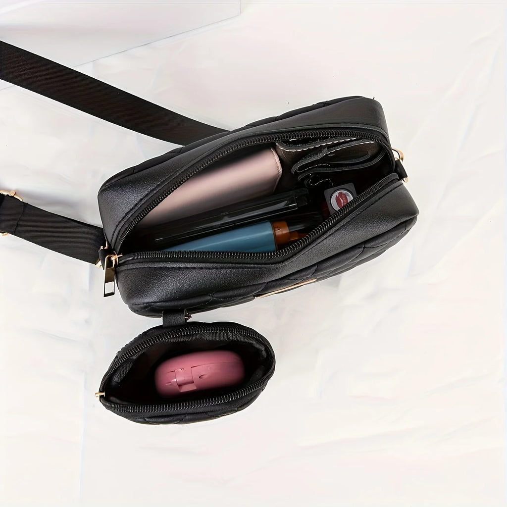 A fashionable crossbody bag set for women, featuring a coin purse, embroidery design, adjustable shoulder strap and zipper openi