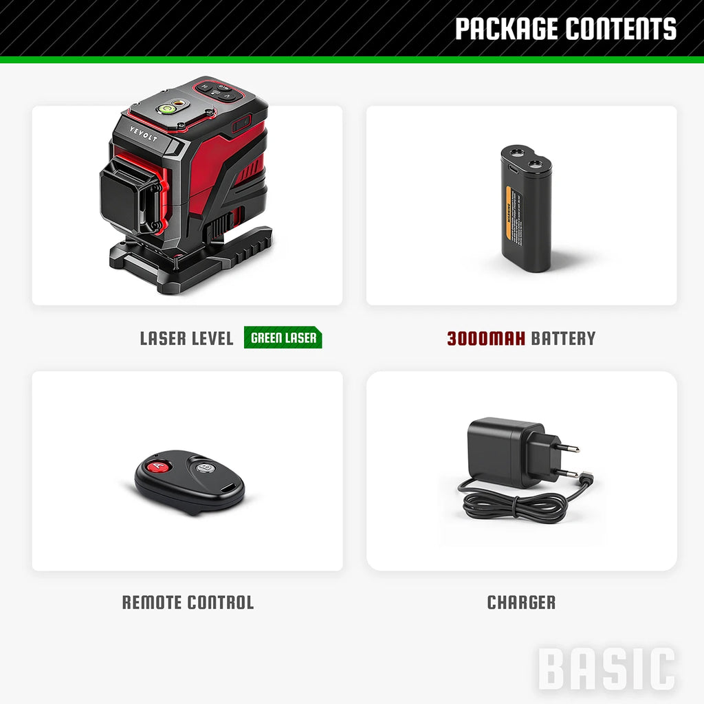 YEVOLT Laser Level Green Beam 12/16 Lines ±4° Self-leveling 3D 360° Horizontal and Vertical Measuring Tools - YVGLL4XS-Series
