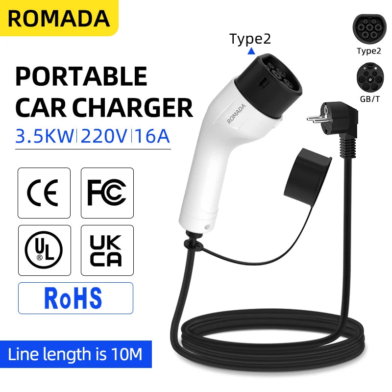 ROMADA Type2 Portable EV Charger 3.5KW 16A, IP66 Waterproof EU Plug EV Charging Station 3M-20M Cable for Home & Outdoor