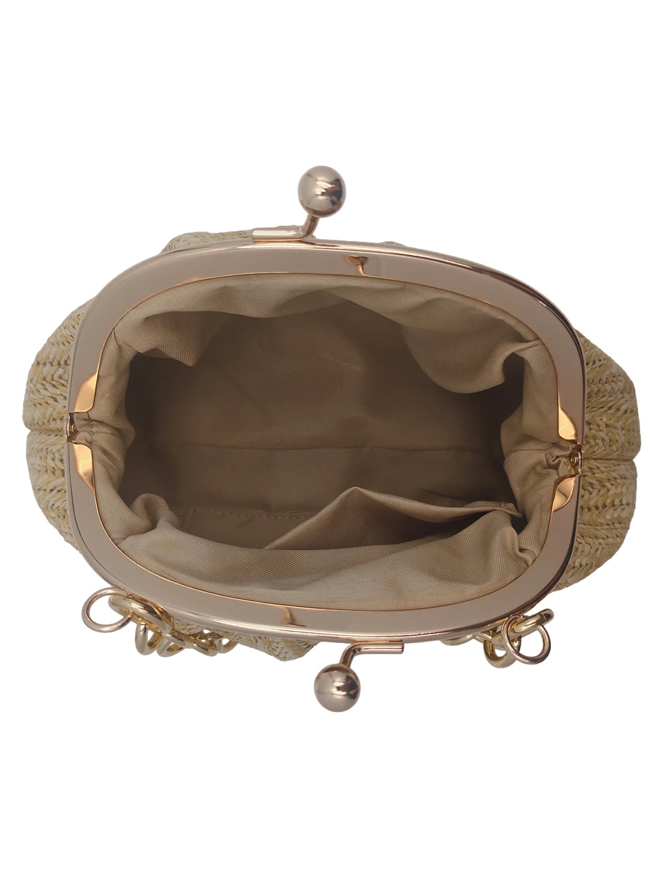 2026 new vacation straw women clutch, light brown herringbone textured pleated cloud bag shape. Rose gold bead metal frame buckl