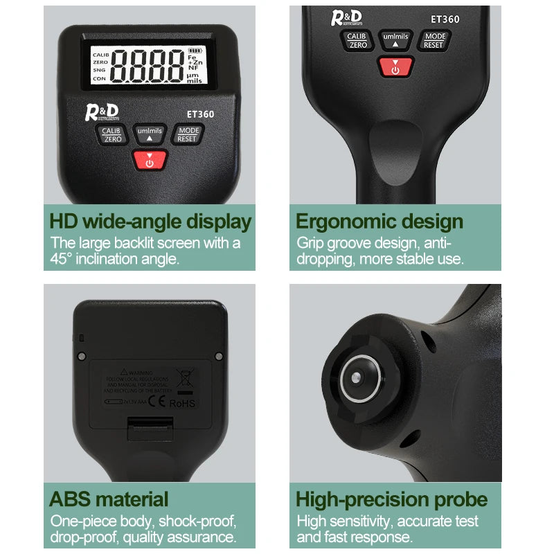 R&D ET360 Mini Micron Level  Paint Thickness Meter High Precision Car Paint Coating Thickness Gauge Fe/NFe Fe+ Zn Russian Manual