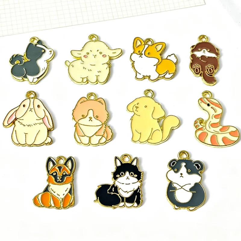 10pcs Drip Oil Alloy Small Animal Kitten, Puppy, Little Rabbit Pendant DIY Necklace Bracelet Earrings Phone Chain Pendant