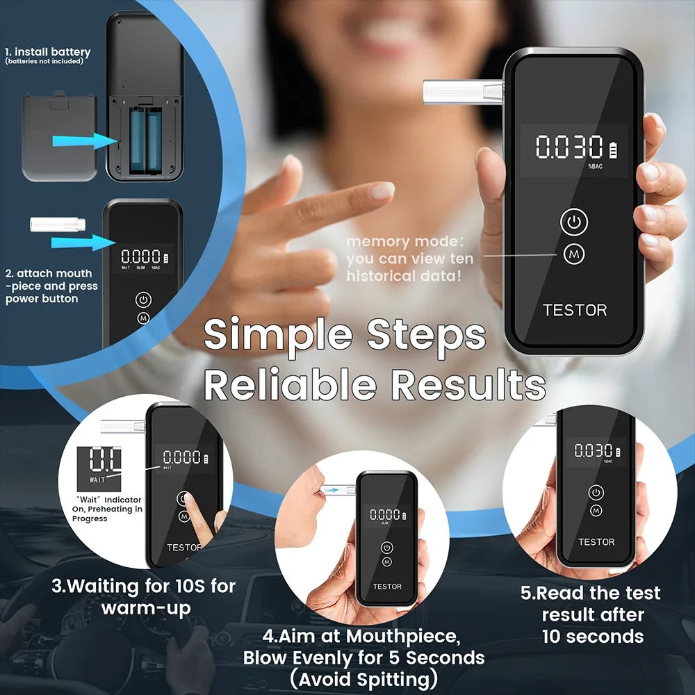 2025 Upgraded Alcohol Tester, 10s Fast & 99.9% Accurate, Portable Battery - Powered with 8 Mouthpieces for Driving Social Safety