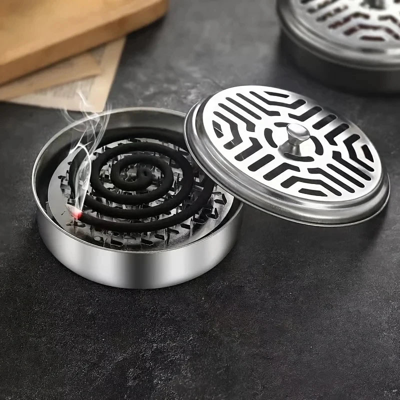Stainless Steel Mosquito Coil Tray With Cover Large Portable Mosquito Coil Holder Box Anti-Mosquito Spiral Incense Coil Burner