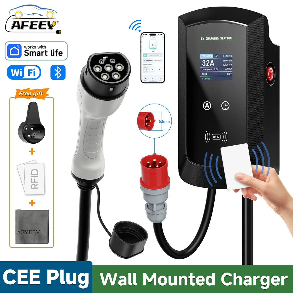 AFEEV 11KW EV Charging Station CEE Plug Type2 32A 3Phase Wall Mounted Charger WiFi Bluetooth APP Control Fast Charge Charger