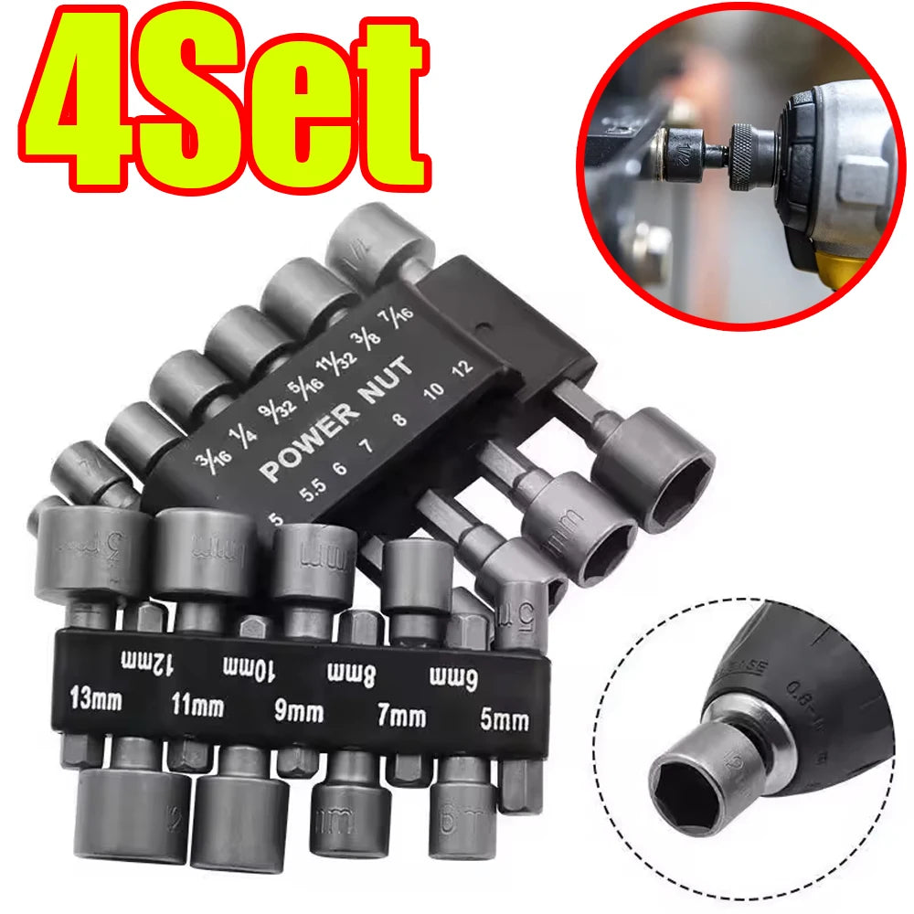 1-4Set 5-12mm Hexagon Nut Driver Drill Socket Screwdriver Wrench Set 9/14Pcs Screwdriver Socket Pneumatic for Woodworking Tools