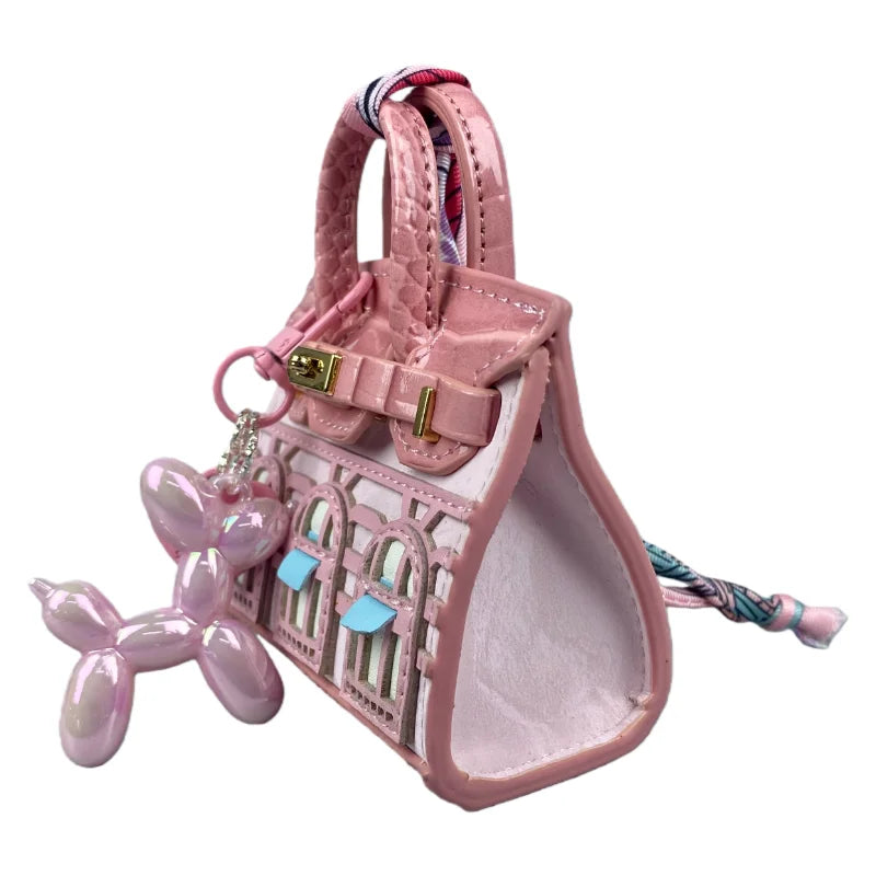 Handcrafted Mini House-Shaped Handbag with Puppy Keychain Suede Touch Bag Charm Purse Accessory for Earphones Coins Lipsticks