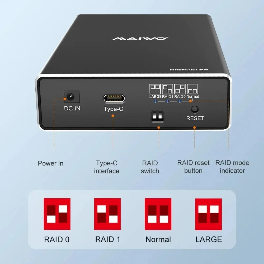 MAIWO Hard Drive Enclosure Dual Bay for 2.5'' SATA SSD/HDD Support 4 RAID Modes Gen2 10Gbps with 16TB Capacity Aluminum HDD Case