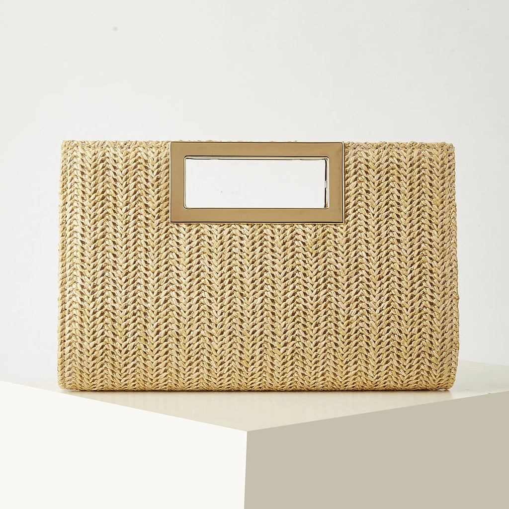 Women's Woven Handbag, Summer Beach Essential, Vacation Season, Solid Color, Straw Bag, Versatile Party Handbag, Detachable Shoulder Strap, Light Luxury Metal Handbag, Beach Wedding Handbag