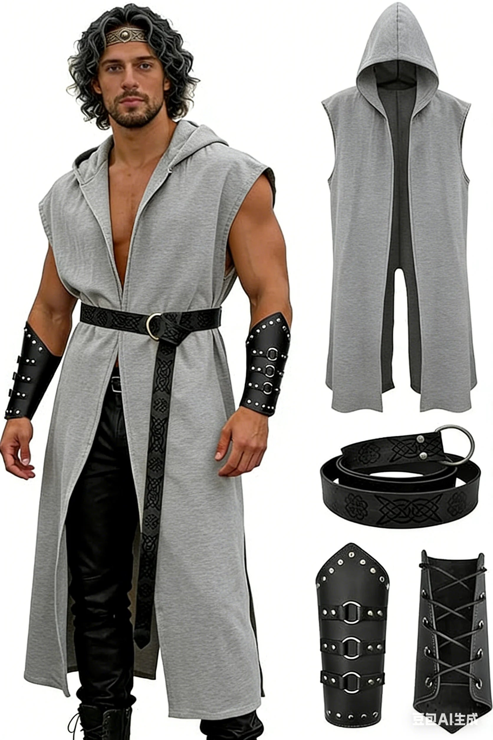 Verceco Men’s Renaissance Costume Set – Medieval/Renaissance Costume for Men with Hooded Surcoat Leather Belt & Bracers