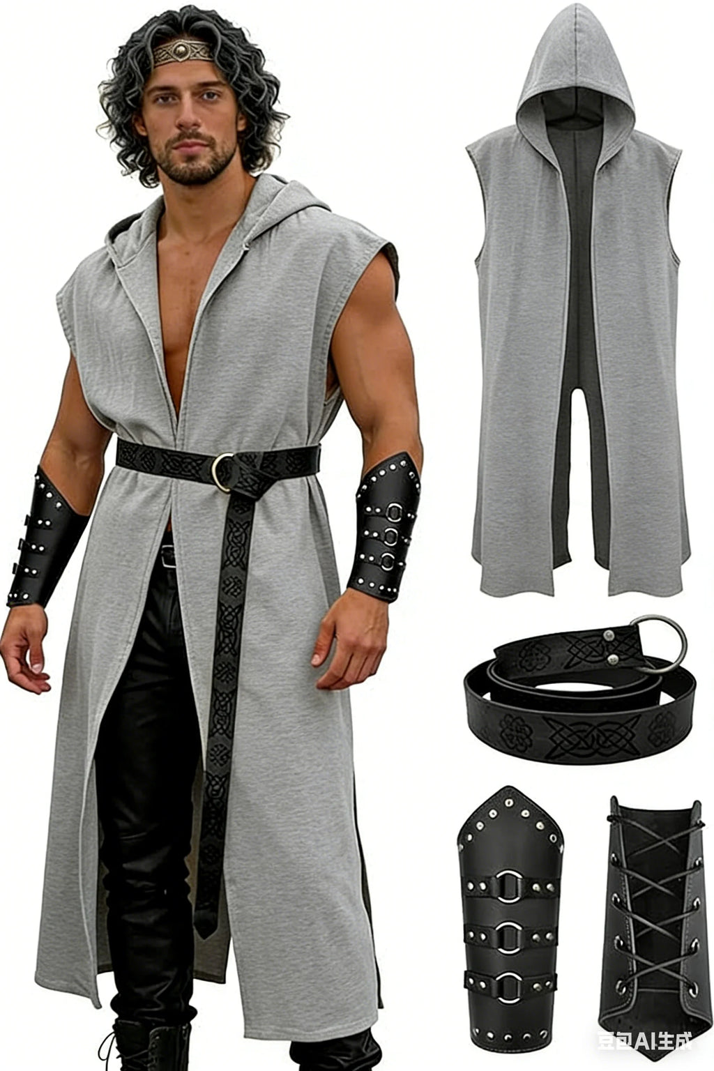Verceco Men’s Renaissance Costume Set – Medieval/Renaissance Costume for Men with Hooded Surcoat Leather Belt & Bracers