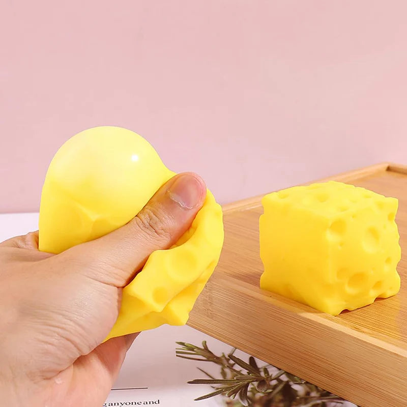 Yellow Cheese Squeeze Toy Soft Rubber Novelty Stress Ball Bouncing Play for Anxiety Relief Focus Training Fun Cheese Cube Design