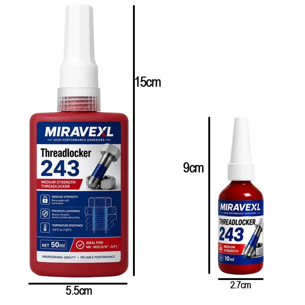 MIRAVEXL Threadlocker 243 Medium Strength Screw Glue Anaerobic Adhesive for Bolts NutsThreads Removable Anti Loose 10ml 50mlKit