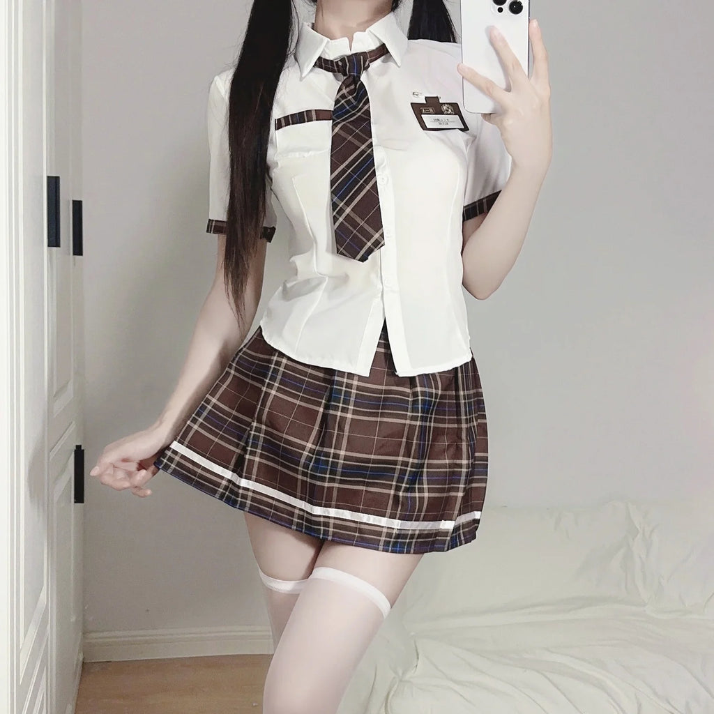 New British College Style Student Campus Color Play Uniform Temptation Summer Short Skirt with Pleated Skirt Checkered Set