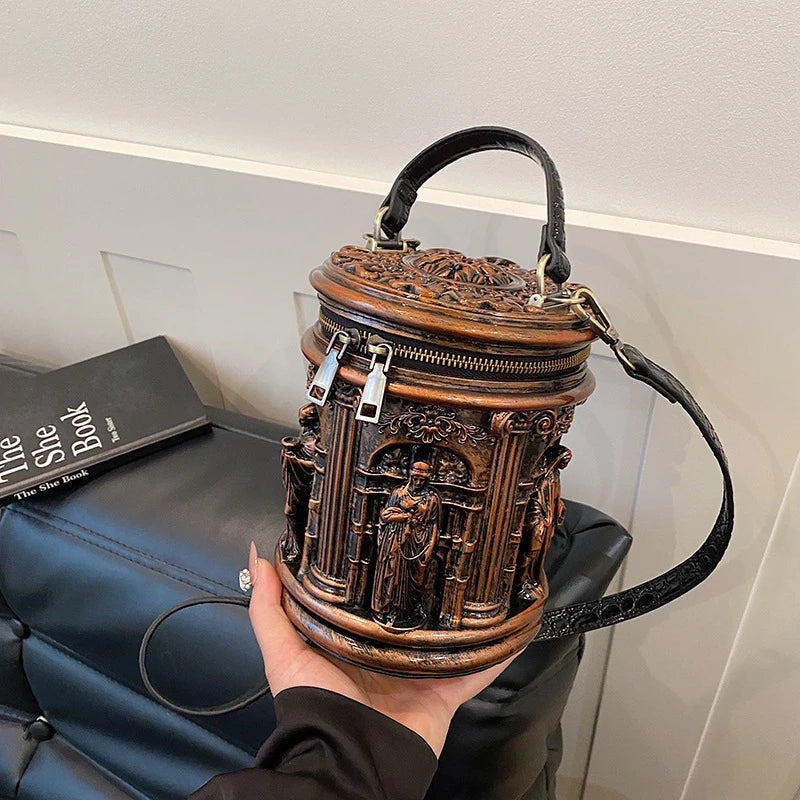 Baroque Style 3d Embossed Bucket Bag Creative Sculptural Cylinder Handbag Unique Retro Artistic Design Crossbody Purse For Women