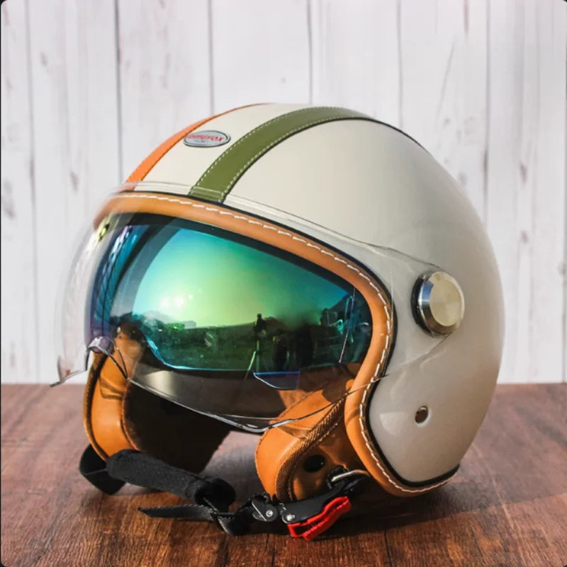 Brown Leather Original DOT ECE 3/4 Open Face Helmet MT Capacete Motorcycle Helmet JET Scooter Bike Half Helmets Cascos Para Moto