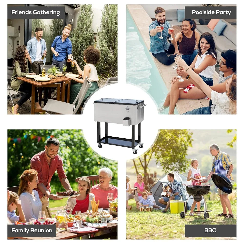 80 QT Wheeled Stand-Up Drink Cooler Cart,Silver,For Outdoor Party, Custom