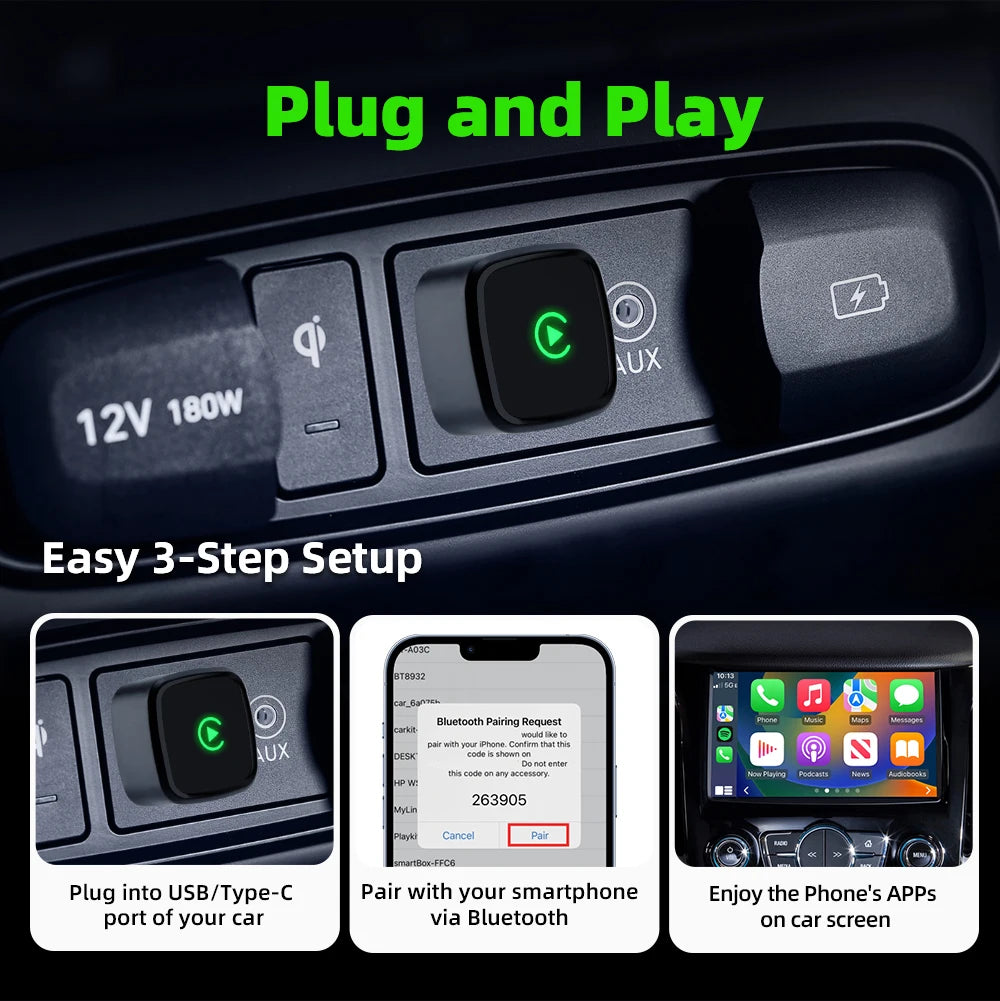 Wireless CarPlay Adapter for Apple Car Play, Small Mini Edition, Converts Factory Wired to Wireless CarPlay, Plug & Play