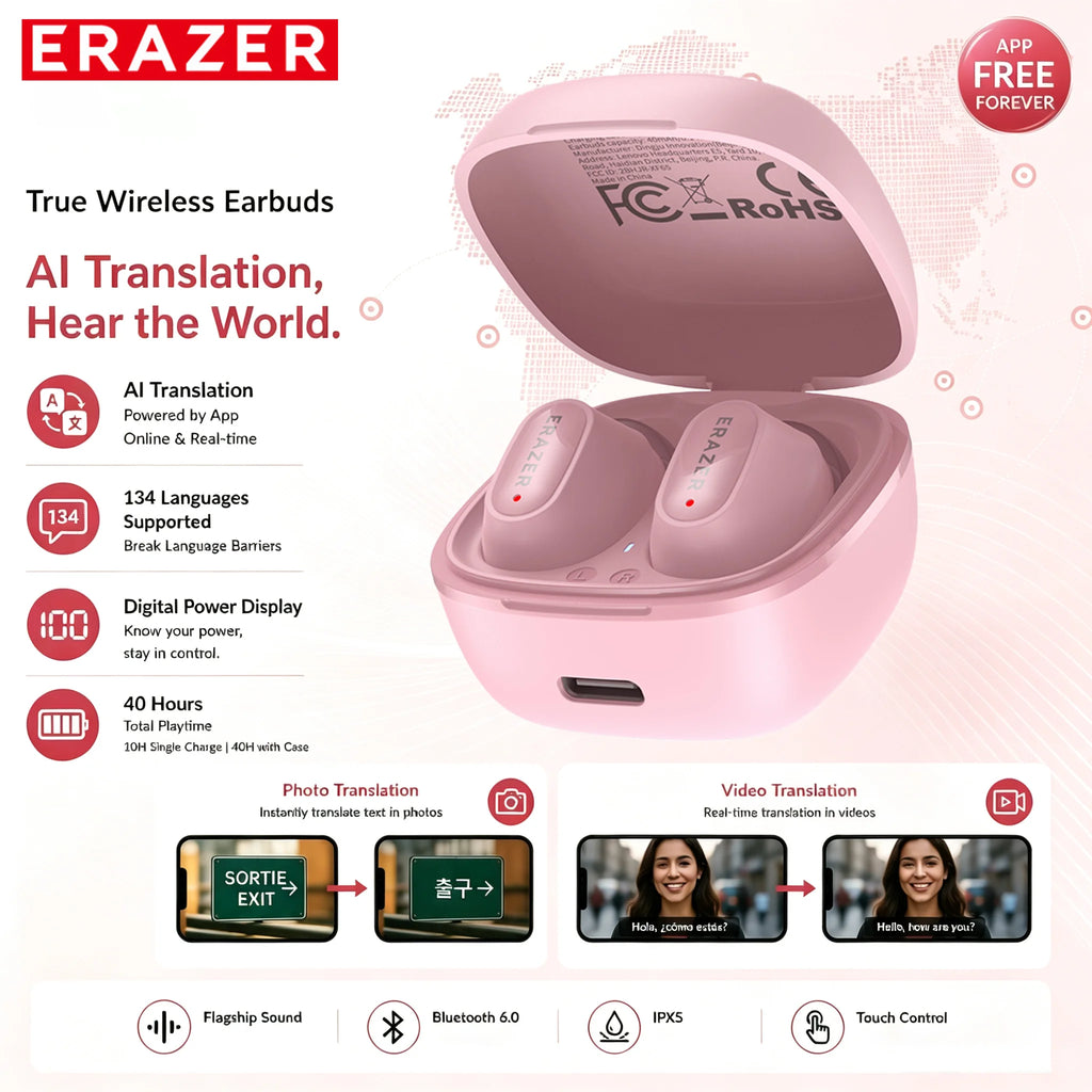 Erazer XF65 Wireless Headphones 135 Language AI translator Earbuds Soft Long Battery Low Latency Type-C Bluetooth Earphones