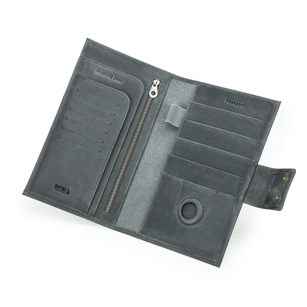 Genuine Leather Family Passport Wallet with Anti-lost Airtag Case Passport Cover For Cards Pen Holder Passport Travel Clutch Bag