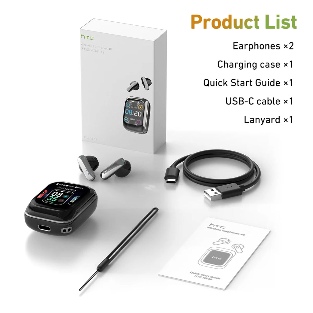 HTC NE48 TWS Wireless Earbuds AI Translation 2K HD Touchscreen Bluetooth 6.0 IPX5 ENC Noise Cancelling Sports Headphone