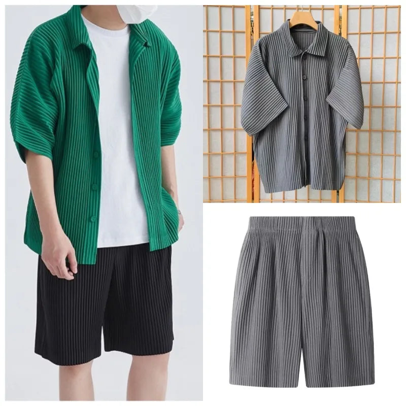 Miyake Pleated Short Sleeve Shirt Men's 2026 Classic Pleats Top Short Sleeve Summer Loose Plisse Jacket Loose Plus Size Fold Top