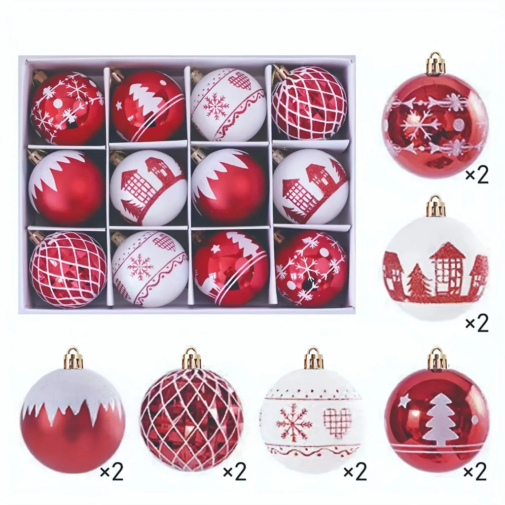 12pcs Red and White Christmas Balls Decorations, Mixed Shapes Plastic Christmas Ornaments, Holiday, Wedding and Party Supplies.