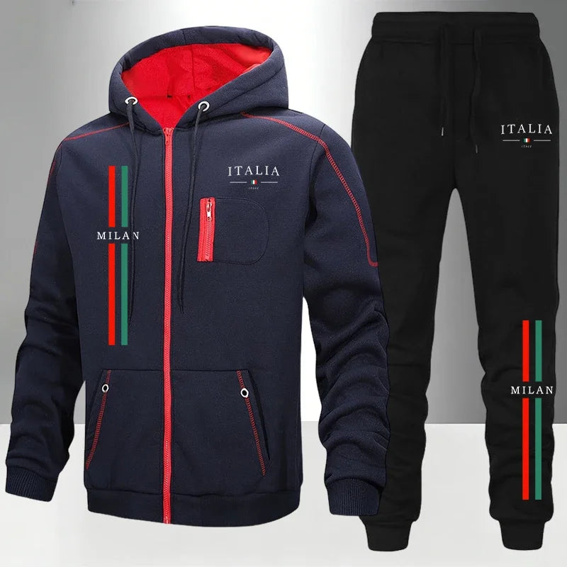 Men's Tracksuit Print Casual Hoodie Sweatshirts Coat Outdoors Sports Jogging Clothing Autumn Winter Warm Single Zip Jacket Pants