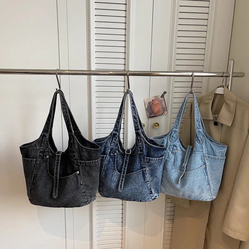 Retro Washed Women Tote Bag New Lazy Style Versatile Shoulder Bag Fashion Commuting Travel Armpit Storage Bag