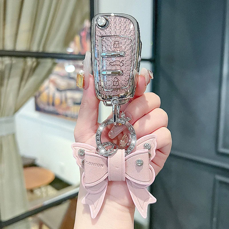 Luxury Diamond Pattern TPU for Audi A1 A3 A4 A5 A6 A7 Q3 Q5 S6 B6 B7 B8 C6 8P 8V 8L TT RS Flip Car Key Case Cover Fob Keychain