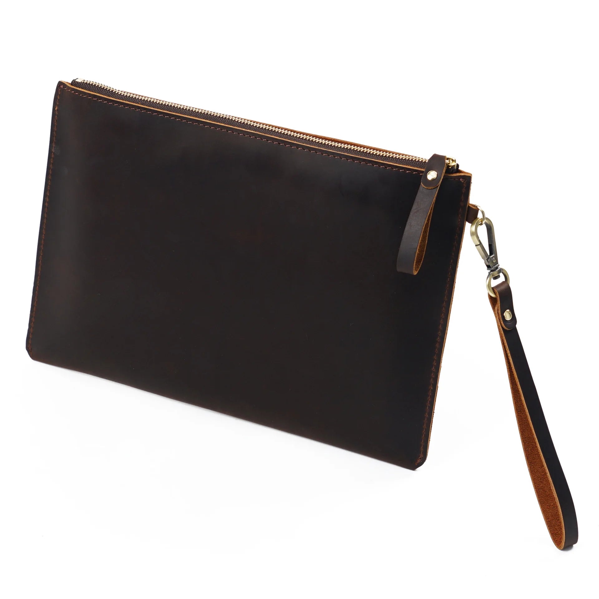 Handmade Vintage Men's Top-Grain Leather Briefcase - Medium Waxed Leather Zippered Document Organizer Clutch Bag