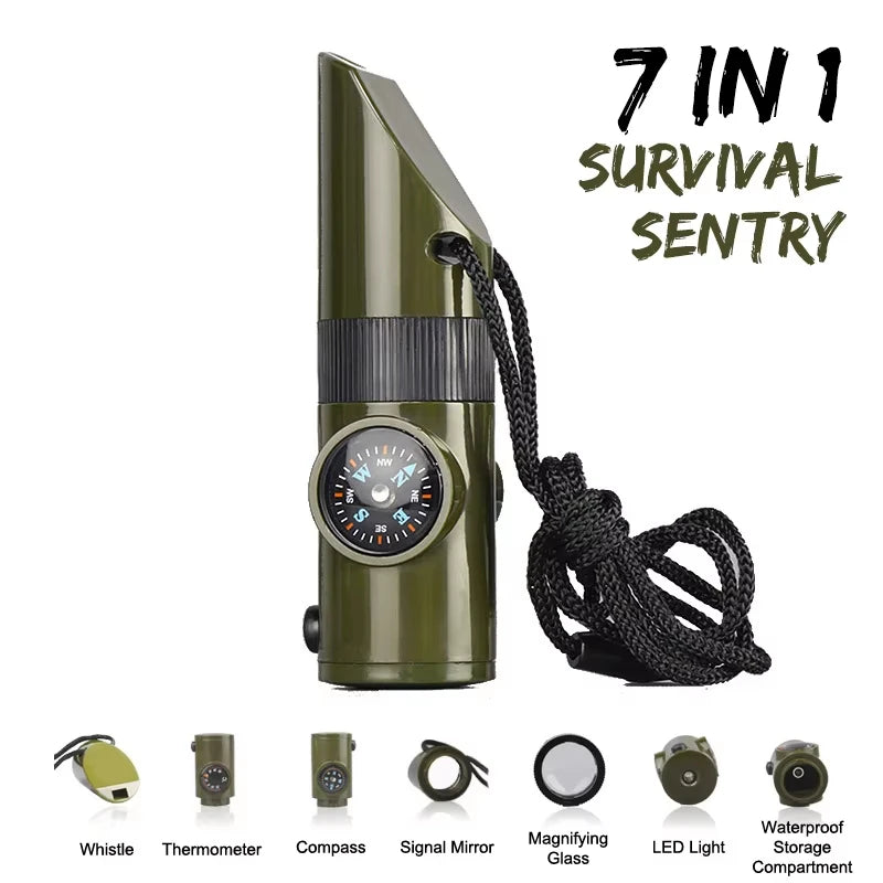 7 in 1 Jungle Survival Whistle Hiking Whistle Compass Mirror Flashlight Magnifier LED Light Thermometer Storage Compass Tool