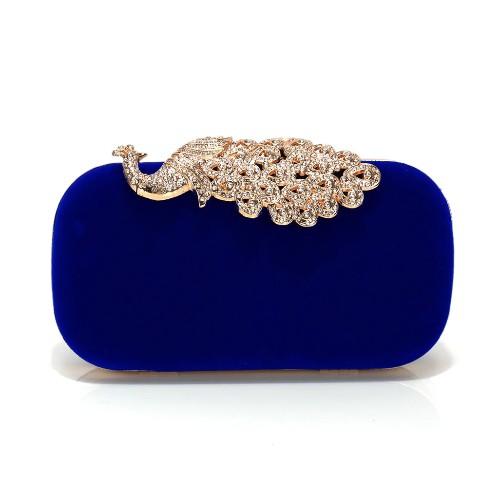 Animal Peacock Metal Shoulder Chain Evening Bags Rhinestones Velvet Small Clutch Bags Flap Design Red Color Lady Handbags