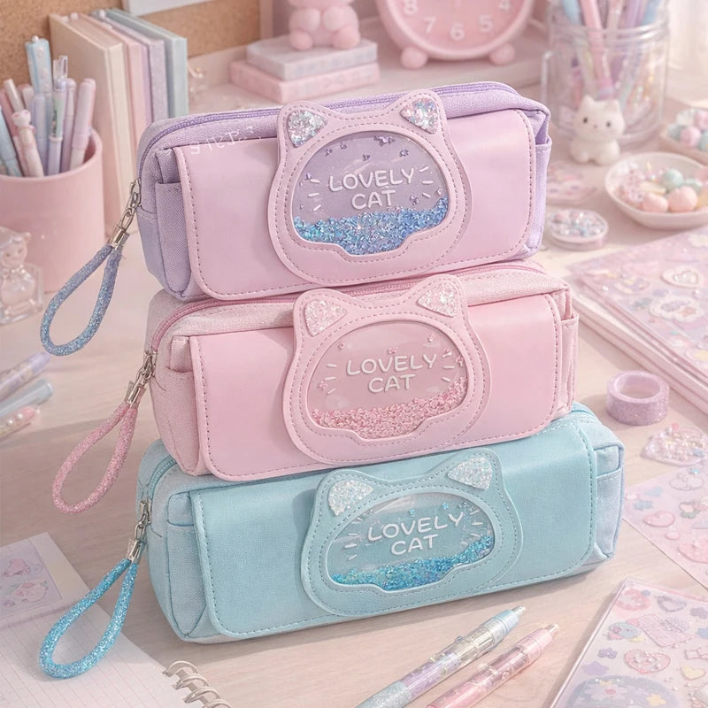 Cute Cat Head Quicksand Pencil Case Exquisite Large Capacity Three-Layer Classification Storage Bag with Handle Purple Pink Blue