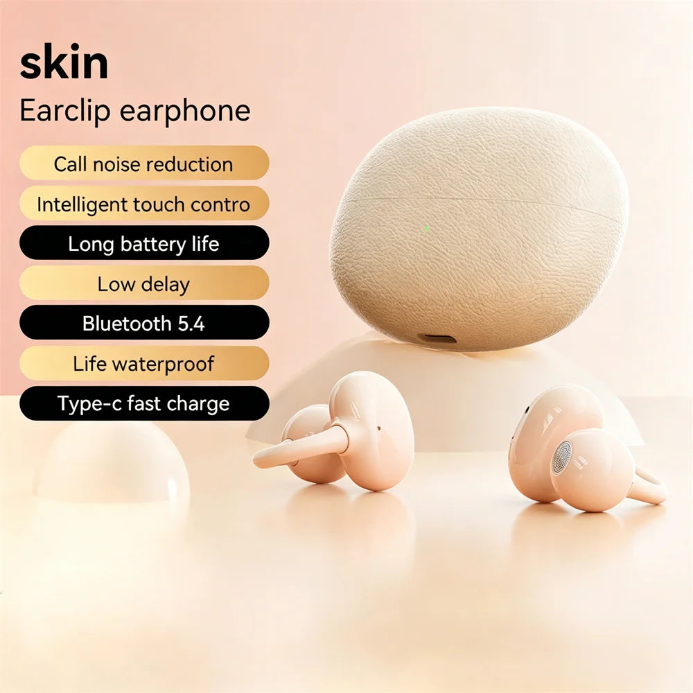 OWS Fashion Ear Clip Bluetooth Wireless Earphone Leather Texture Long Endurance Sports Run Sports Call Noise Reduction Headphone