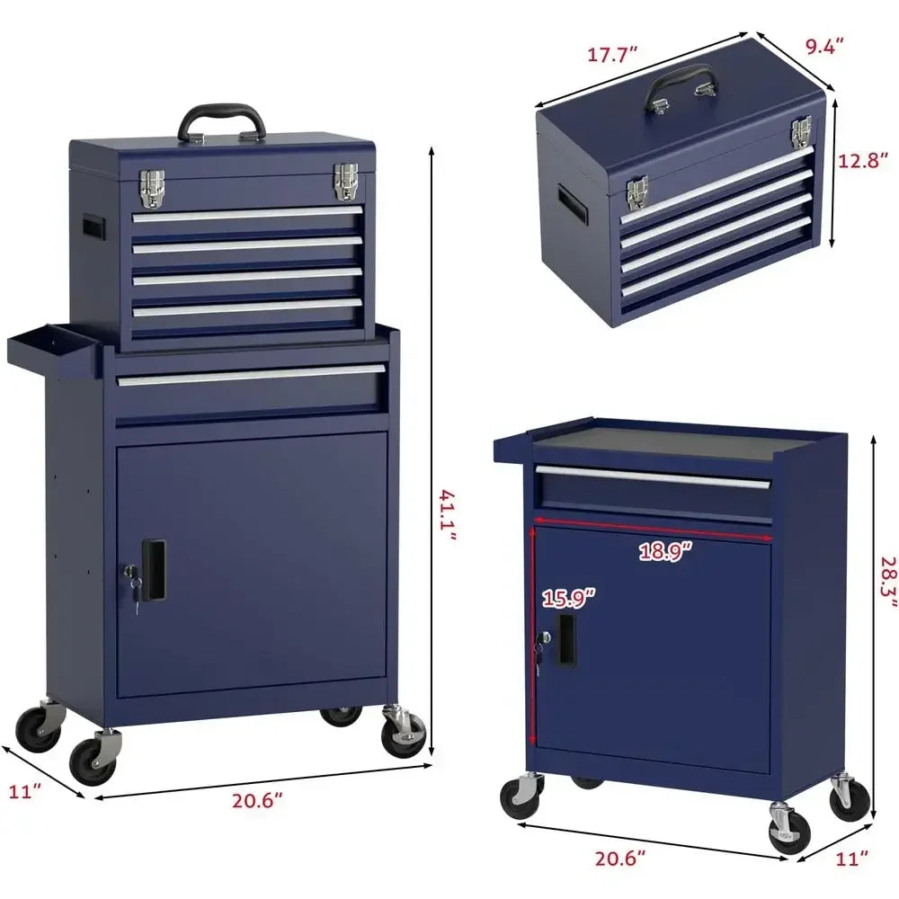 Portable 5-Drawer Metal Tool Chest with Wheels, Lockable Storage Cabinet for Workshop and Garage (Blue)