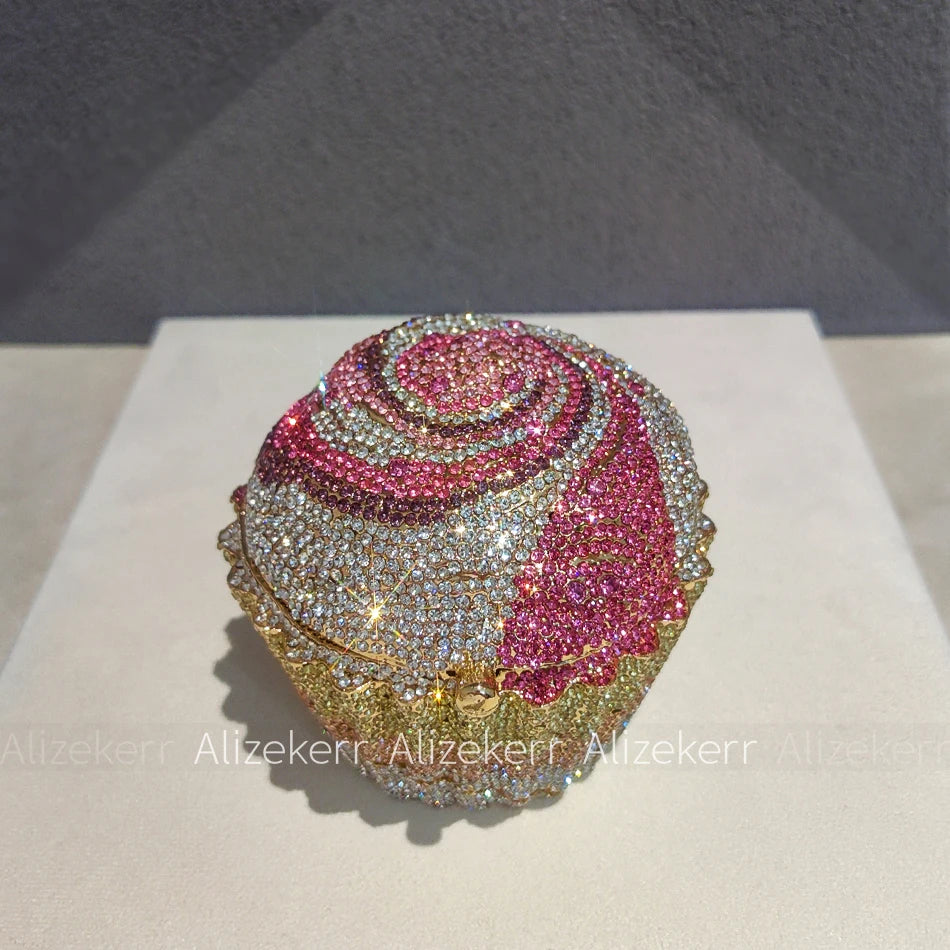 Alizekerr Cupcake Shape Rhinestone Evening Bag Women Chic Sparkly Diamond Mini Metal Clutch Purse And Handbag Wedding Party Prom