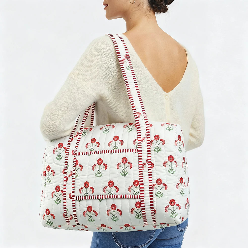 Large Quilted Travel Bag For Women Weekender Bag Floral Block Print Cotton Luggage Overnight Duffle Bags