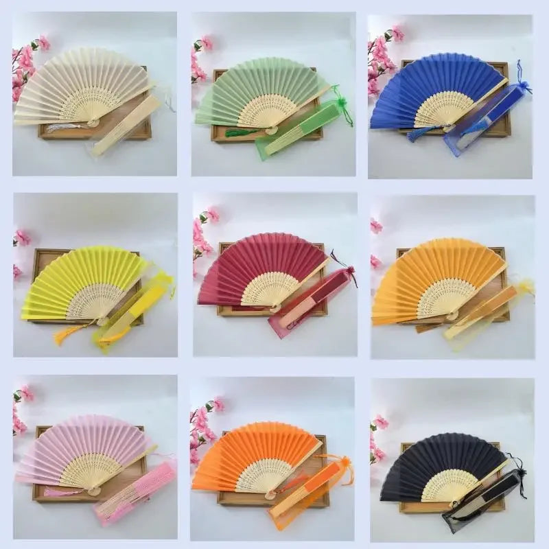 Chinese Style Folding Fan Wear Resist With Organza Bag Bamboo Hand Fan With Tassel Cooling Tool Silk Hand Fan Party Decoration