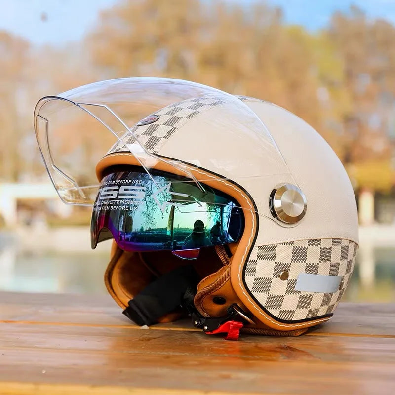 Open Face Helmet Vintage Leather Motorcycle Helmets Double Visor DOT Approved Retro 3/4 Jet Half Helmet with Inner Lens