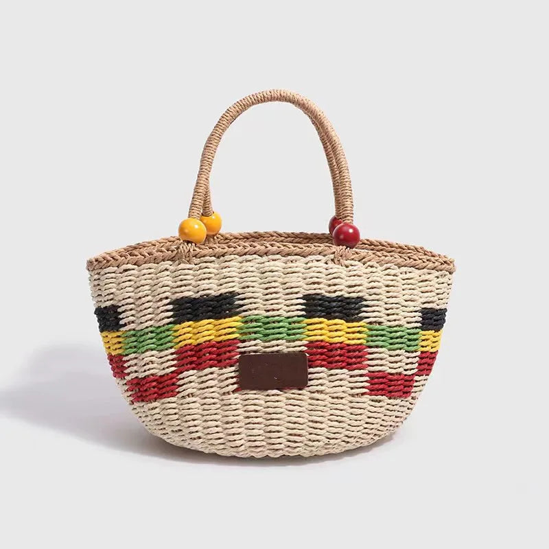 Cute Bucket Bag Picnic Basket Tassel Bead Decorated Hand Woven Grass Handbag Charming Shoulder Bag Women's Fashion Accessory