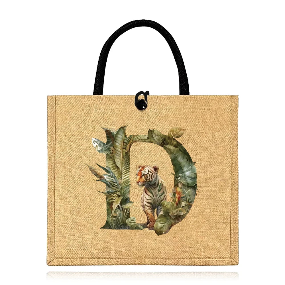 Flax Bag Fastener Handbag Organizer Storage Jute Tote Bags Imitation Cotton Women Valise Portable Jungle Tiger Printing Series