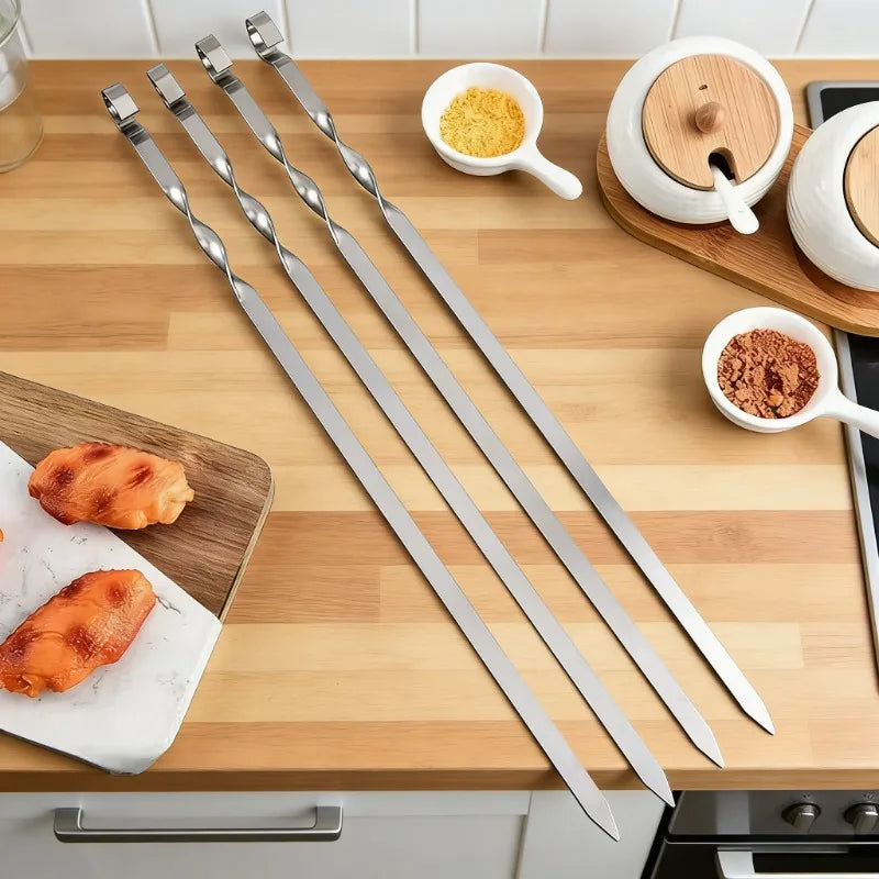 6Pcs Wide Flat Stainless Steel BBQ Skewer Barbecue Sticks Fork Outdoor Camping Picnic Kitchen BBQ Utensil Accessories Supply