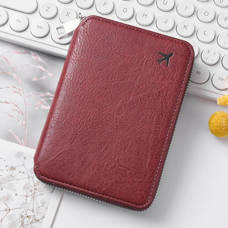 Multi-Functional RFID Blocking Passport Bag Travel Document Holder with Long Zipper Ticket Storage Wallet for Multiple Passports