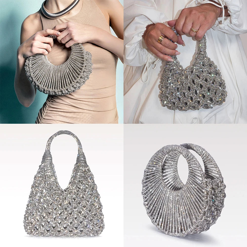 Glitter Shiny Diamond Clutch Purse Women Handbag Luxury Handmade Circular Bag Wedding Party Banquet Bag Fashion Evening Bag