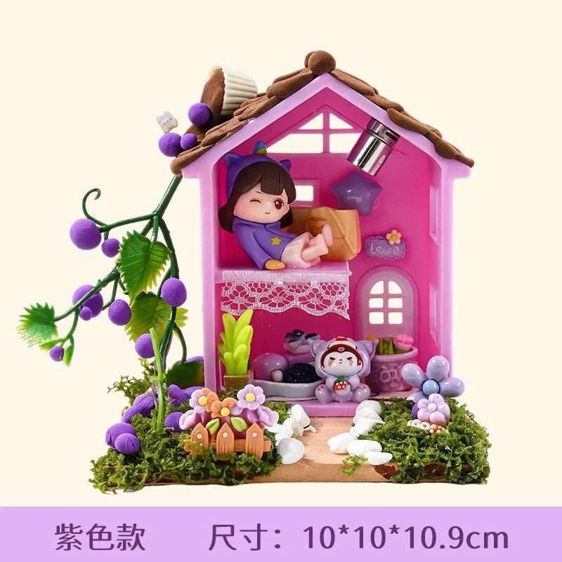 Kawaii Fairy House Craft Kit with LED Lights DIY Miniature Scene 3D Assembly Craft Model for Shelf Decor Christmas Birthday Gift