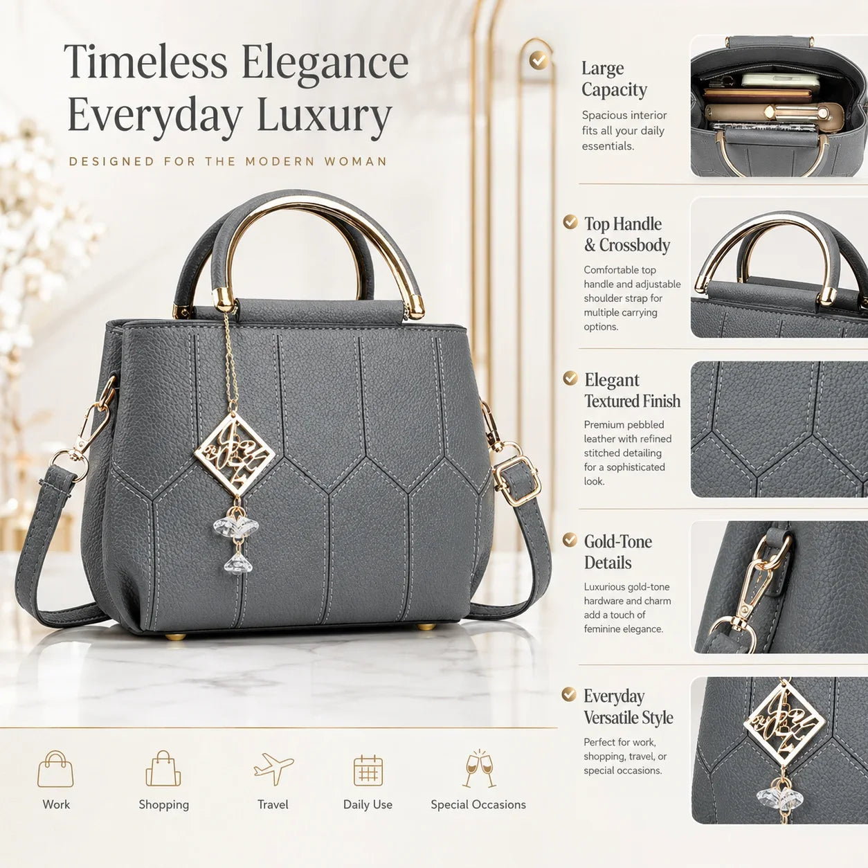 Women's High Capacity PU Tote Bag, Vintage Style Crossbody Shoulder Bag, 2 Way Carry Handbag for Work and Travel